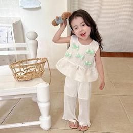 Clothing Sets Summer Set Khaki Girls Thin Vest 2024 Childrens Butterfly Doll Shirt Long Pants Two-piece Baby Clothes Jnghh