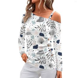 Women's T Shirts Spring Autumn Sexy Off Shoulder Shirt Pullover Women Fashion Printing Long Sleeve Blouses Office Ladies Casual Asymmetrical