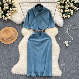 Chic denim dress for women in 2024 new style with stylish buttoned and slim fitting mid length skirt that includes buttocks