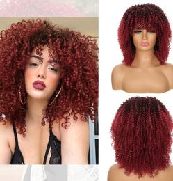 Short Hair Afro Kinky Curly Wigs With Bangs African Synthetic Ombre 1 burgundy Glueless Wigs For Black Women High Temperature1373984