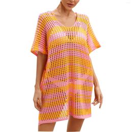 Women's Swimwear Women Sheer Cover-up Dress Beachwear Short Sleeve Geometric Sexy Summer Hollow Crochet Tunic Beach Female Bathing Suit