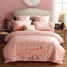 Bedding Sets 4pcs Cotton 60S Sateen Fabric Bed Set Queen Size Light Pink Girls Duvet Covers King Linen Embroidery Sheet