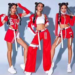 Stage Wear Women Gogo Dancers Red Outfits Adult Hip Hop Dance Performance Party Dress Girls Group Jazz