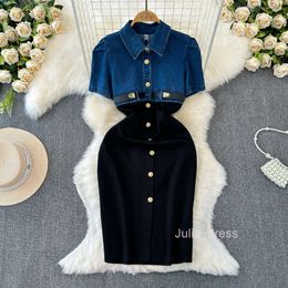 2024 Spring/Summer New Fashion Single breasted Sleeveless Waist Slimming Shirt Dress with Denim Splicing Style