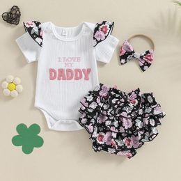 Clothing Sets Baby Girls 3 Piece Summer Set Letter Embroidery Short Sleeve Romper Layered Ruffle Shorts Headband Born Infant Outfits