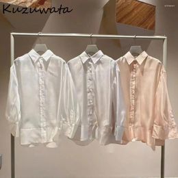 Women's Blouses Kuzuwata Solid Fresh Turn-down Collar Long Sleeve Shirt Loose All-match Casual Soft Chiffon Blusas Japan Moda Patchwork Tops