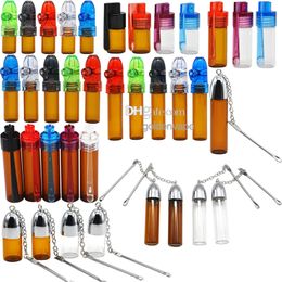 3 Style Snuff Snorter Bottle Smoking Pipes Pill Case Plastic Glass Containers Snorter Kit Portable Sniff Pocket Durable Snuffer With Metal Spoon and Cap