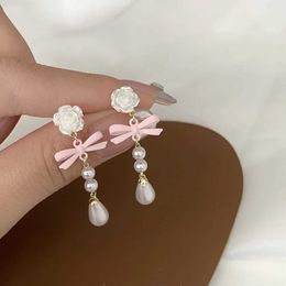 Charm Fashion French Lovely Elegant Vintage Mini Luxury Bow Heart Ear Stud Korean Style Pearl Earrings Women Drop EarringsL4531