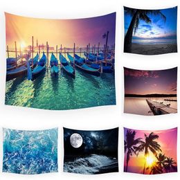 Tapestries Seaside Beach Pier Scenery Coconut Tree Sunset Moon Pattern Tapestry Living Room Background Bedroom Art Wall Blanket 95x73cm