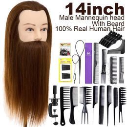 Mannequin Heads 14 Iinch Real Human Male Men Mannequin Head With Beard Hair Male Model Training Head Cosmetology Practise Doll Head Q240530