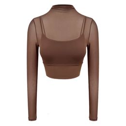 Women's Top Designer Summer Fashionable and elegant mesh breathable fak with a small round neck revealing waist tight fitting long sleeved yoga suit for women 4VFF