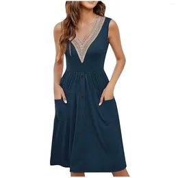 Casual Dresses Lace V Neck Summer For Women 2024 Sleeveless Loose Swing Button Down Midi Dress With Pockets