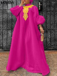 Casual Dresses VONDA Oversized Women Sundress Maxi Dress Lace Patchwork Long Lantern Sleeve Autumn Bohemian Vestidos Loose Pleated Robe