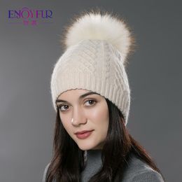 ENJOYFUR Winter fur pompom hat for women cashmere wool cotton hat Big Real Raccoon fur pompom Beanies cap bobble 284g