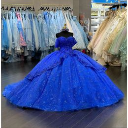 King Blue Sparkly Princess Quinceanera Dresses Off Shoulder Malter Applique Squins Boning Vestido de Debutantes Sweet 15 0531