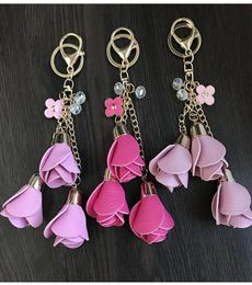 EUB 20pcs 18colors charm leather rose flower key chains tassel flower keychains women keychain bag purse pendant jewelry266r9519947
