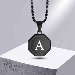 Pendant Necklaces Vnox A-Z Initial Necklaces for Men Black Octagon Geometric Pendant Stainless Steel Letter Necklace Causal Simple Boy Collar Y2405309XL5