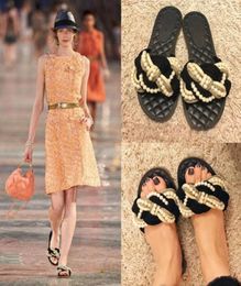 designer summer catwalk show beaded straw braided low heel sandals and slippers pearl flat bottom drag girl6818724