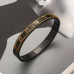 Europe America Fashion Style Black Bracelets With Steel Seal Women Bangle Luxury Designer Brand Jewellery 18K Gold Plated Stainless steel Wedding Lovers Gift Bangles