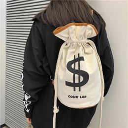 US Dollar Print Cotton Canvas Backpack Summer Leisure Bag Men Women Backpack Lightweight String Foldable Backpack 240722