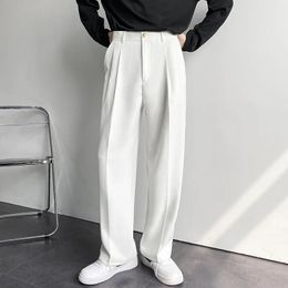 Dökümlü düz erkek pantolon moda iş Koreli gevşek rahat beyaz siyah gri wideleg pantolon erkek blazer takım elbise 240326