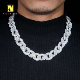 Catene a maglie cubane moda ghiacciata 18mm Vvs Moissanite Diamante Argento Collane cubane Design floreale personalizzato Catena cubana Hip Hop