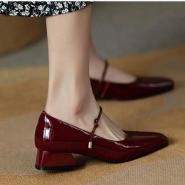 Pumps New Squaretoe Leather Shoes Red Black Mary Janes Shoes Women'S Shallow Mouth Casual Chunky Heel Shoes Low Heels Shoes