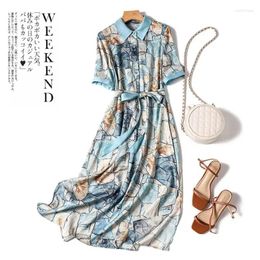 Party Dresses Limiguyue Oil Painting Print Soft Silk Dress Women Boho Lace Up Polo Neck Satin Summer A-Line French Midi Vestidos Z032