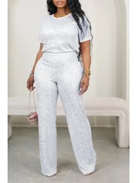 Autumn Casual Sequin Two Piece Set for Womeb Fashion Solid Short Sleeved Tshirt Wide Leg Pants Women 240309