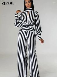 Women's Two Piece Pants Striped Corset Outfits For Ladies High Street Loose Lounge Suits Neck Hollow Out Top Wide Leg Long Sets