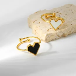 Cluster Rings 18K Gold Plated Stainless Steel Black White Shell Heart Open Ring For Women Girls Dainty Charm Waterproof Jewellery Gift