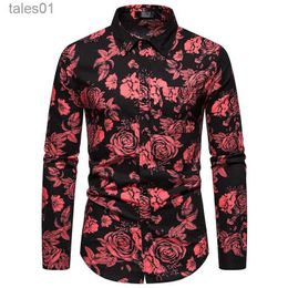 Men's Plus Tees Polos Mens Rose Floral Printed Summer Shirt Slim Fit Long Sleeve Button Up Dress Shirts Men Casual Party Wedding Prom Chemise Homme yq240401