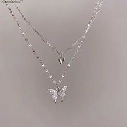 Pendant Necklaces LATS New Sparkling Butterfly Necklace Womens Exquisite Double Layer Clavicle Chain Necklace Womens Gift JewelryL2404