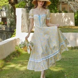 Party Dresses French Pastoral Printed Fresh Style Lacing Up Webbing Dress Women Super Sweet Gentle Summer Travel Beach Long Victorian