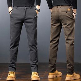 Spring Mens Slim Casual Pants Business Straight Twill Cotton Elastic Trousers Brand Fashion Korean Clothing Coffee Black Grey 240326