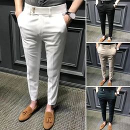 Trendy Men Ninth Pants Slim Fit Trousers Office Pockets Wearresistant Zip Up Suit 240326