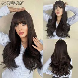 Synthetic Wigs NAMM Natural Black Wigs Long Wavy Synthetic Wigs with Bangs for Women Cosplay Hair Big Wave Wig Heat Resistant Light Brown Wigs Y240401