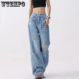 Women's Jeans Loose Holes Ripped Chic Straight Female Full Length Light Blue Slim Fashion Solid Colour Sexy Y2k Streetwear