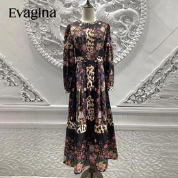 Casual Dresses Evagina Spring/Summer High Quality Vintage Elegant Beading Diamond-Bordered Leopard And Flowers Printed 2024 Est