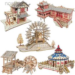 Blocks Chinese Architecture 3D Wooden Construction Puzzles Building House Model Wood Jigsaw DIY Educational Toys For Children Kids 240401 240402