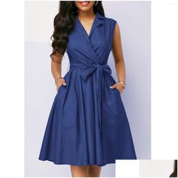 Basic Casual Dresses Bow Elegant Party For Women Office Lady Woman Pocket Skirts Shirt Sleeveless Womens Summer Dress Short Drop Deliv Dha5B