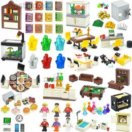 Blocks City Furniture Building Block Figures Parts Food House Book Chair Sofa Kitchen TV Accessories Set DIY Kid Toy Bed Computer Brick 240401