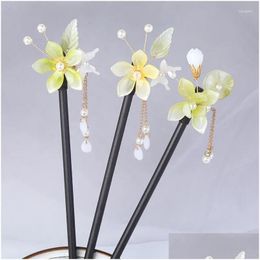 Hair Clips Barrettes Hairpins For Women Sticks Wood Flower Butterfly Yellow Colour Acrylic Chinese Hanfu Hairwear Accessories Female Fo Ot4Gj