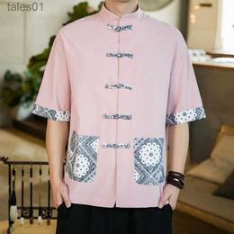 Men's Plus Tees Polos Vintage Tang Shirt Chinese Style Mens Thin Ice Silk Casual Male Short Sleeve Summer Tea Zen Jacket Floral Blouse yq240401