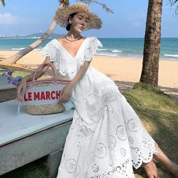 Casual Dresses Ethnic Style Fairy Hollow Embroidery Bohemian Dress Ruffled Flying Sleeve V-neck Slimwaist Chic Long Beach For Women