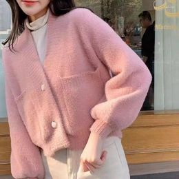 Women's Knits 2024 Spring And Autumn Jacket Short V-Neck Knitted Cardigan Imitation Mink Fleece Loose Thick Sweater Coat Z2099