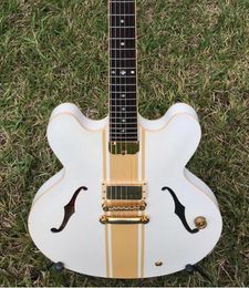 Rare ES 333 Tom Delonge Signature Semi Hollow Body White Gold Stripe Jazz Electric Guitar Black Body Binding Single Pickup Gold 3039096