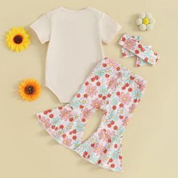 Clothing Sets Born Infant Baby Girl Summer Clothes Short Sleeve Daisy Funny Letters Romper Top Floral Flare Pants Headband Set Boho Bell