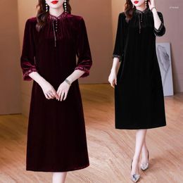 Casual Dresses 2024 Fashion Temperament Slim-fit Velvet Dress With Seven-point Sleeves Improved Qipao Embroidered