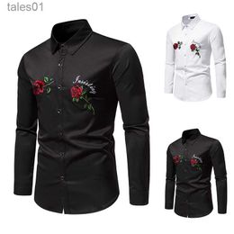 Men's Plus Tees Polos 2023 New Mens Dress Shirts Long Sleeve Tops Men Male Groom Groomsman Floral Rose Man Casual Prom Party Shirt LS28 yq240401